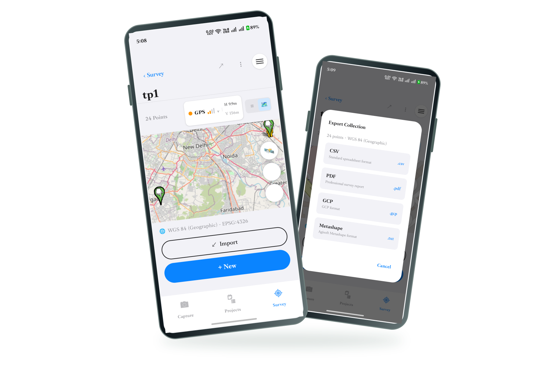 MetaSync survey collection and export screens on two phones