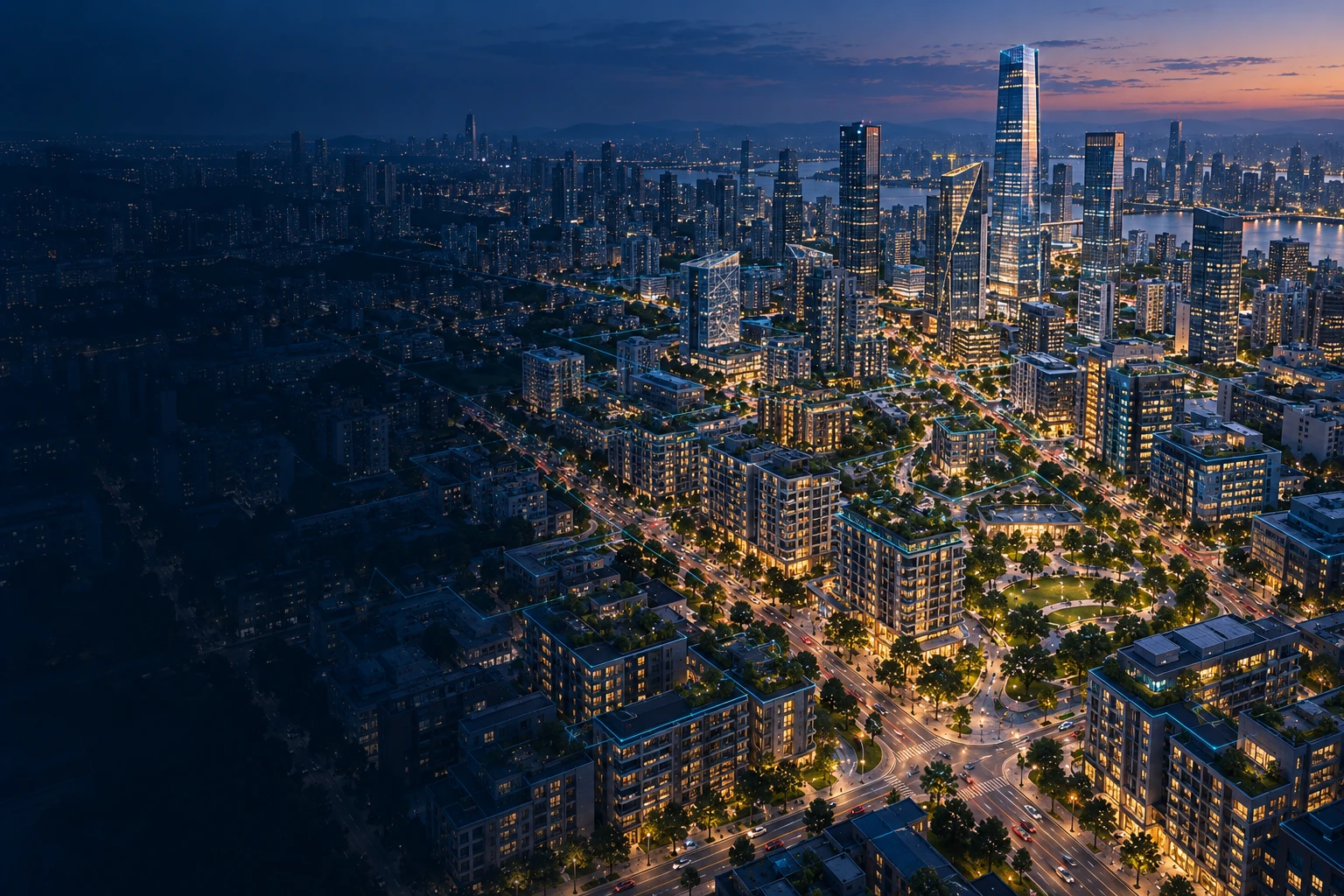 Connected city concept with urban architecture and digital spatial context