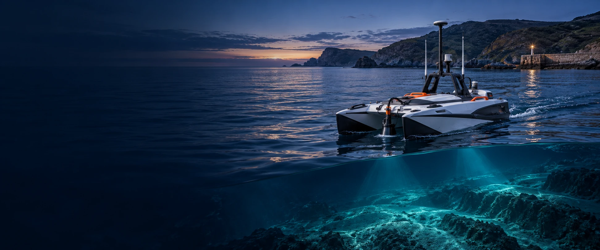 Coastal survey concept with a surface vessel and underwater terrain